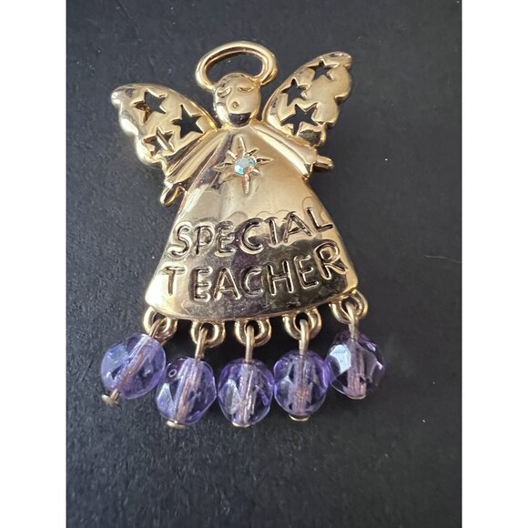 Gold ANGEL with Purple Dangles SPECIAL TEACHER Brooch Pin - Picture 2 of 6